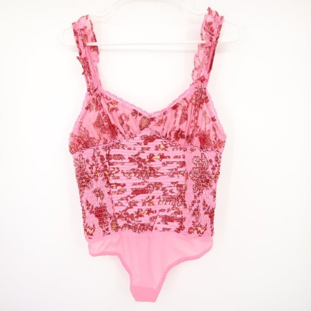 NWT Free People Bodysuit Weekend Plans Pink Corset Ruffle Size XS, S